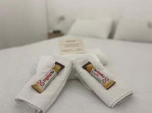 Shower, hair dryer, towels, toilet paper