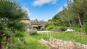 A house with a garden, a patio with a yellow umbrella, and a wooden fence. - Awesome home in Chalabre with WiFi (Chalabre)
