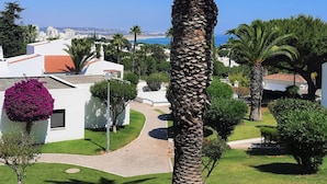 Eine Wohngegend an der Küste mit weißen Gebäuden, Palmen und freiem Blick auf das Meer.