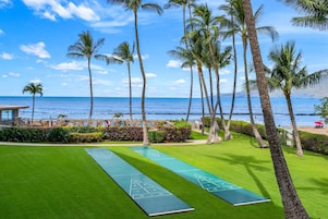 A scenic view of a courtyard with a shuffleboard court, palm trees, and a beach in the background.