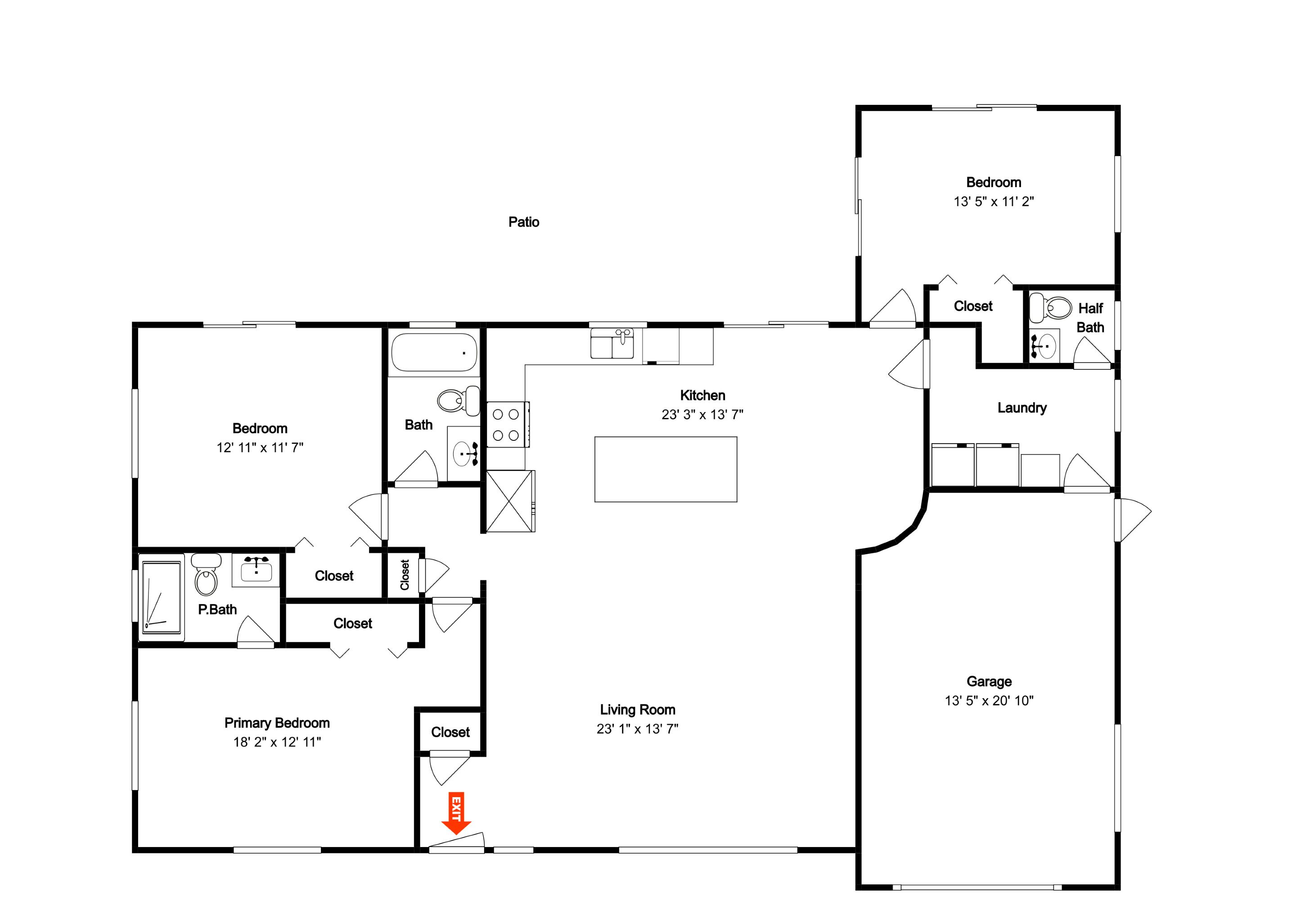 A floor plan of a property with a bedroom, bathroom, closet, living room, kitchen, patio, and garage.