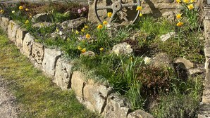 A stone building with a wheel, a wooden gate, and a stone wall with flowers. - Spacious detached holiday home, sleeps 7 with 2 furry friends, free WiFi, two pubs nearby. (Richmond)