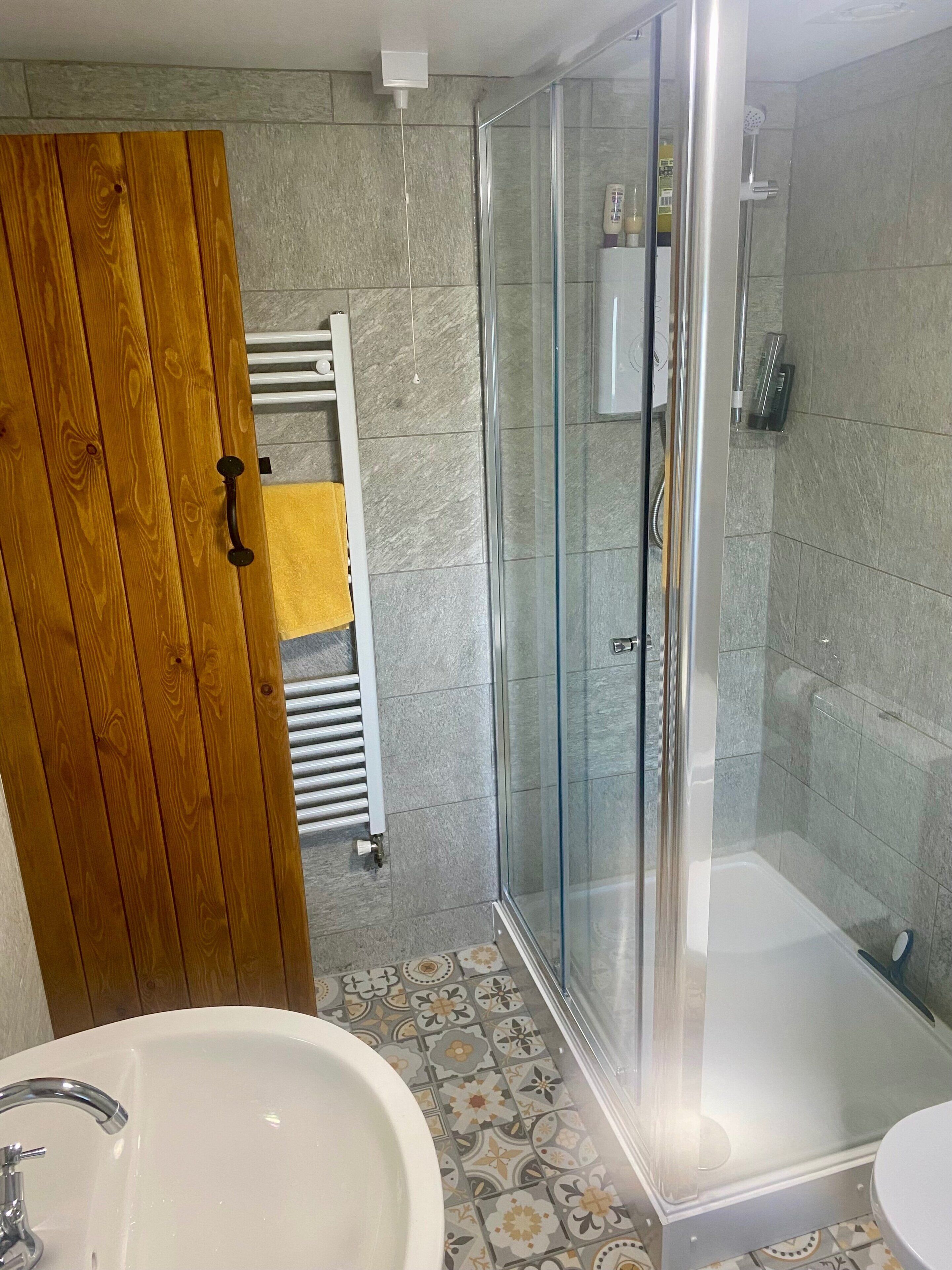 A bathroom with a wooden door, a glass shower enclosure, a white sink, and patterned floor tiles.