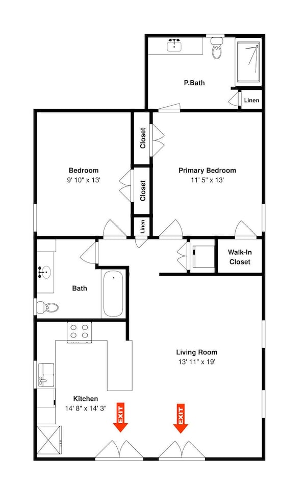 A floor plan with a bedroom (9' 10" x 13'), a primary bedroom (11' 5" x 13"), a living room (13' 11" x 19"), a kitchen (14' 8" x 14' 3"), and a bathroom. - Turtle's Nest by Miss Kitty’s (Rockport)