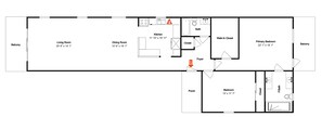 Planta baixa de um hotel com varanda, sala de estar, sala de jantar, cozinha, banheiro, closet, quarto principal, hall de entrada e um quarto.