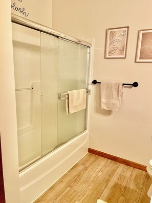 Hair dryer, towels, soap, shampoo