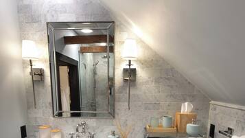 Shower, rainfall showerhead, hair dryer, bathrobes