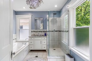 Jetted tub, hair dryer, towels, soap