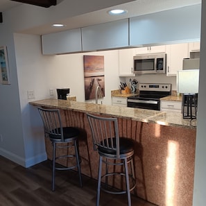 A modern kitchen with a granite countertop, stainless steel appliances, and two bar stools. - Peaceful contemporary condo near Disney, pet friendly. 1  1/2 Baths (Haines City)