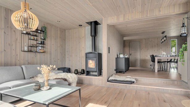 A modern living room with a sofa, coffee table, and a fireplace. - Bjørkstue by Interhome (Eikerapen)