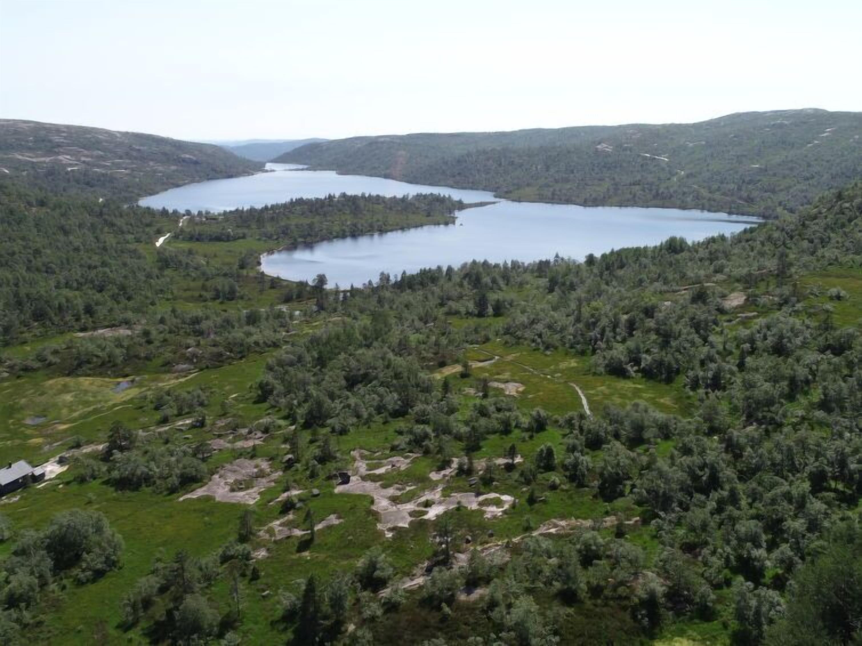 Eine Berglandschaft mit einem See und dichtem Wald.