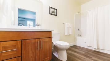 Hair dryer, towels, soap, shampoo