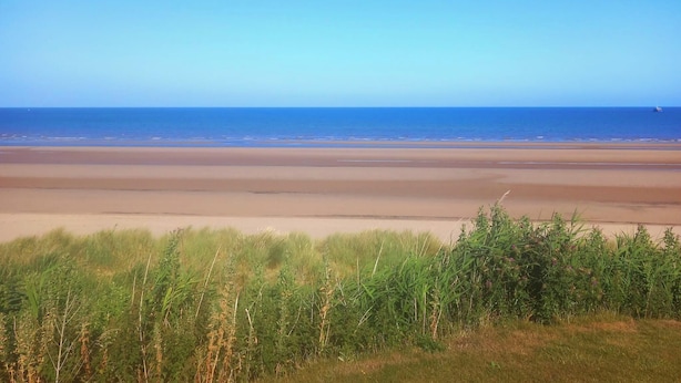 Vista di una spiaggia con cielo sereno, spiaggia sabbiosa e vegetazione sullo sfondo.