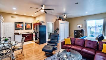 Smart TV, DVD player, books, video library