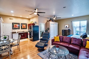 Smart TV, DVD player, books, video library