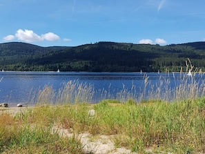 A lake with boats, grassy banks, and forested hills in the background.