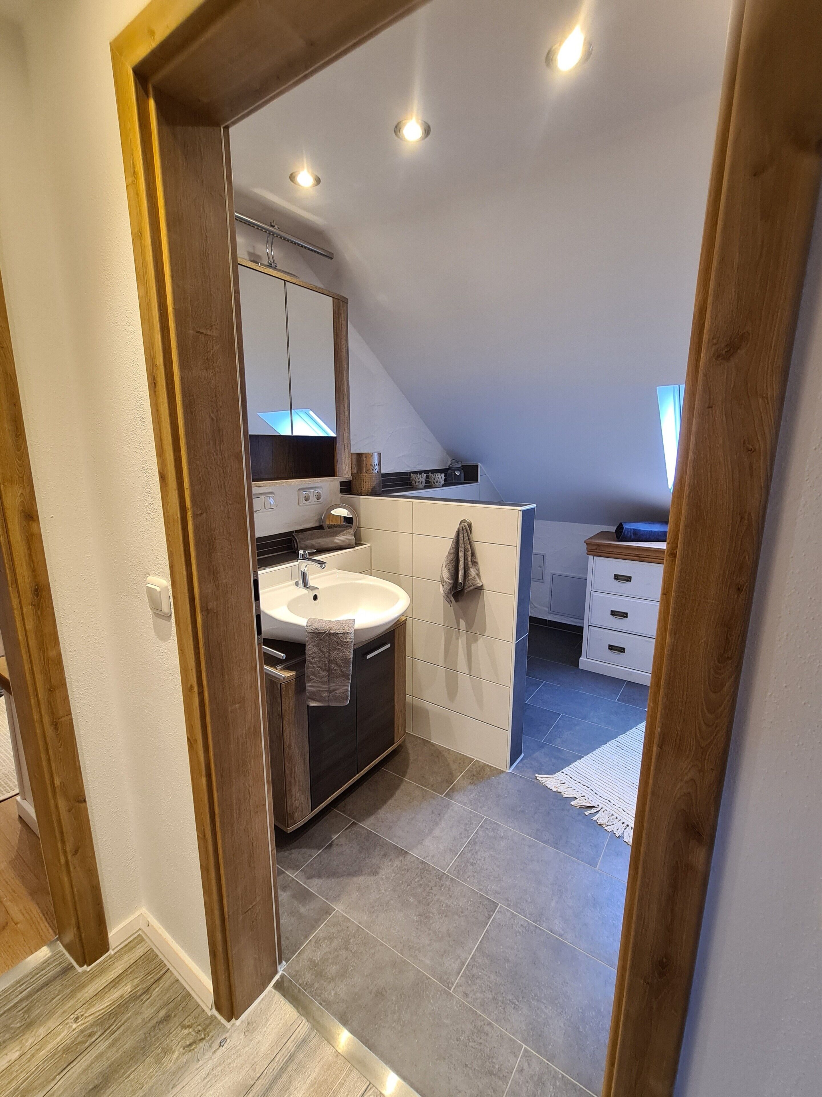 Banheira, secador de cabelo, toalhas de banho 