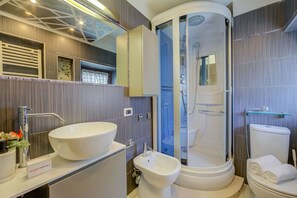 Shower, hair dryer, bidet, towels
