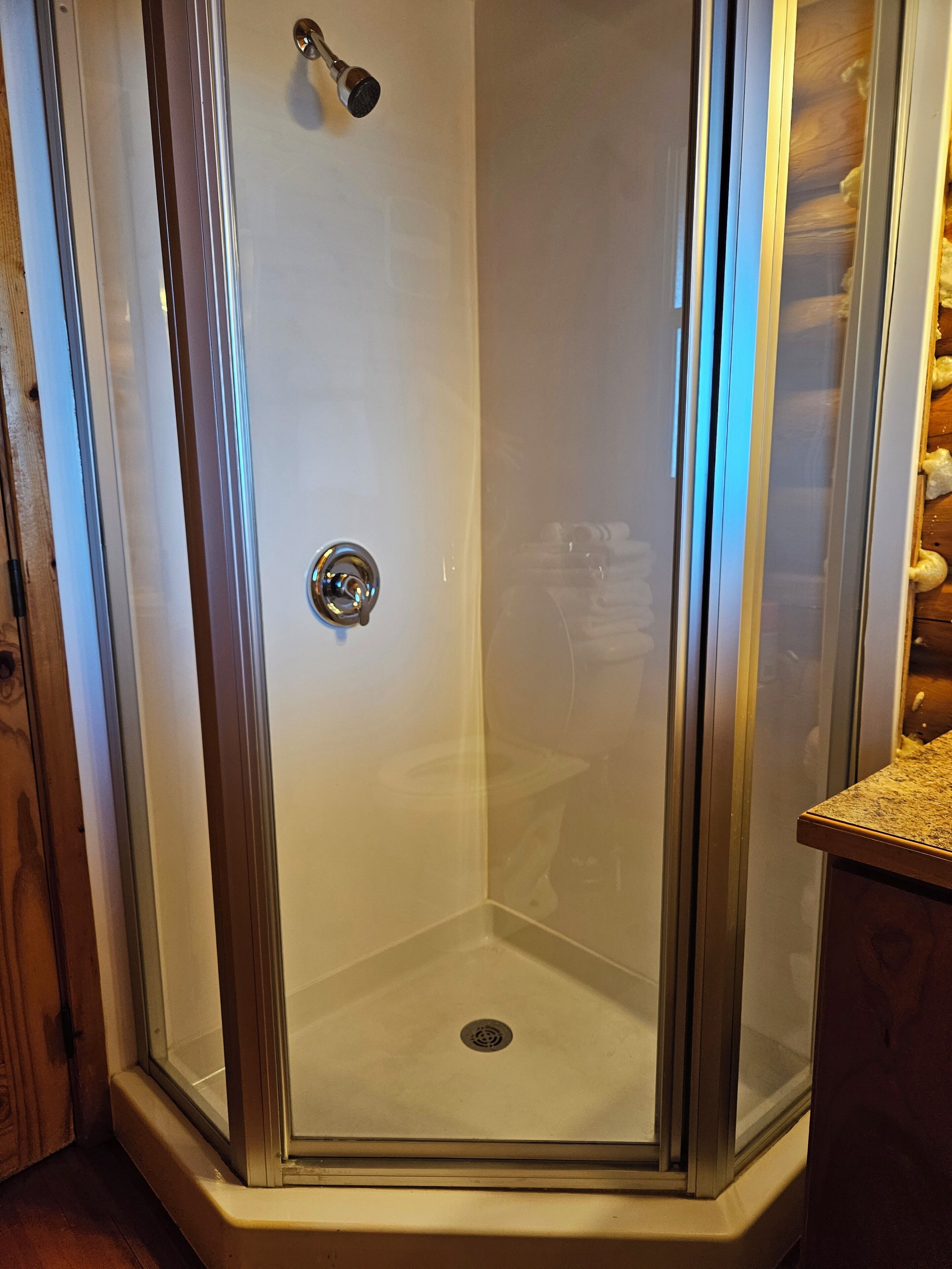 A glass-enclosed shower stall with a chrome showerhead and a drain in the center.