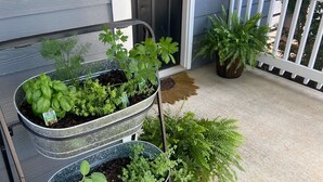 Una jardinera metálica escalonada con diversas hierbas y pequeñas plantas en un balcón.