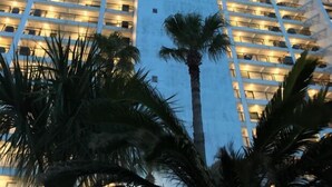 A multi-story hotel with balconies and a palm tree in the foreground. - Beachfront condo with stunning ocean views. Pet-Friendly! (Galveston)