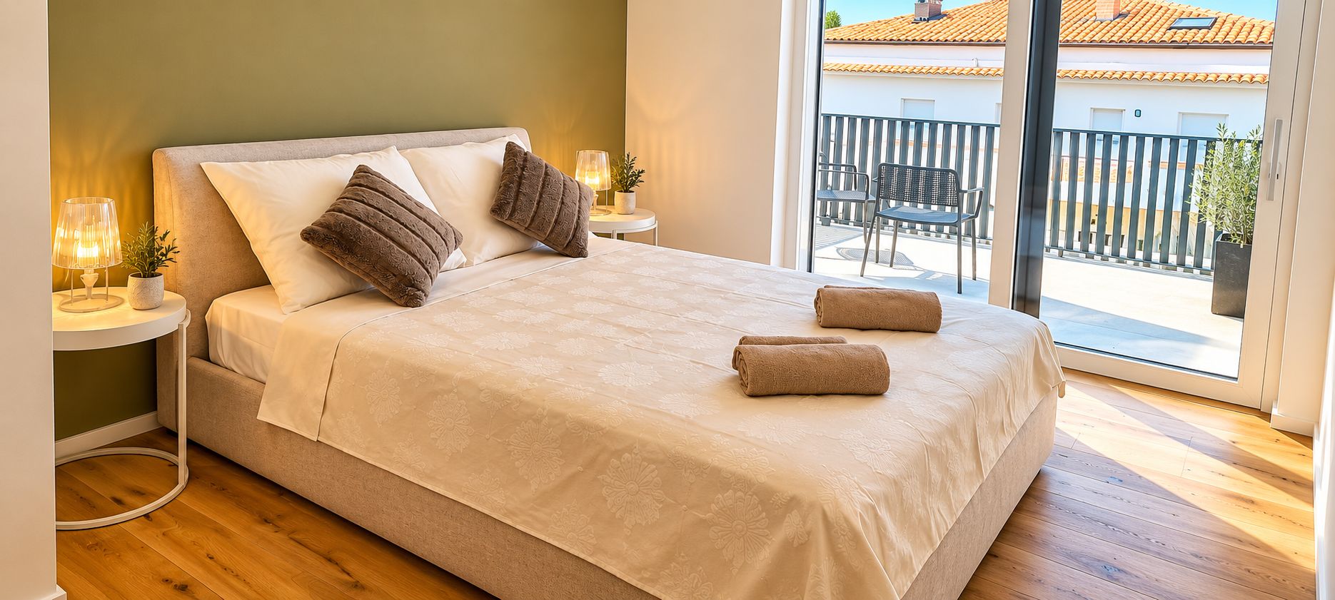 Een slaapkamer met een bed, twee bedlampen, een potplant en uitzicht op een balkon met buitenmeubilair.