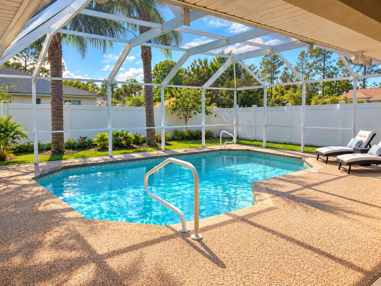 A swimming pool with a white deck, a covered area with a roof, and lounge chairs.