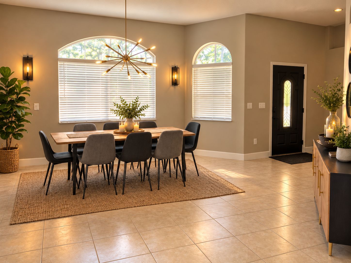 A dining area with a table, chairs, a chandelier, and a potted plant.