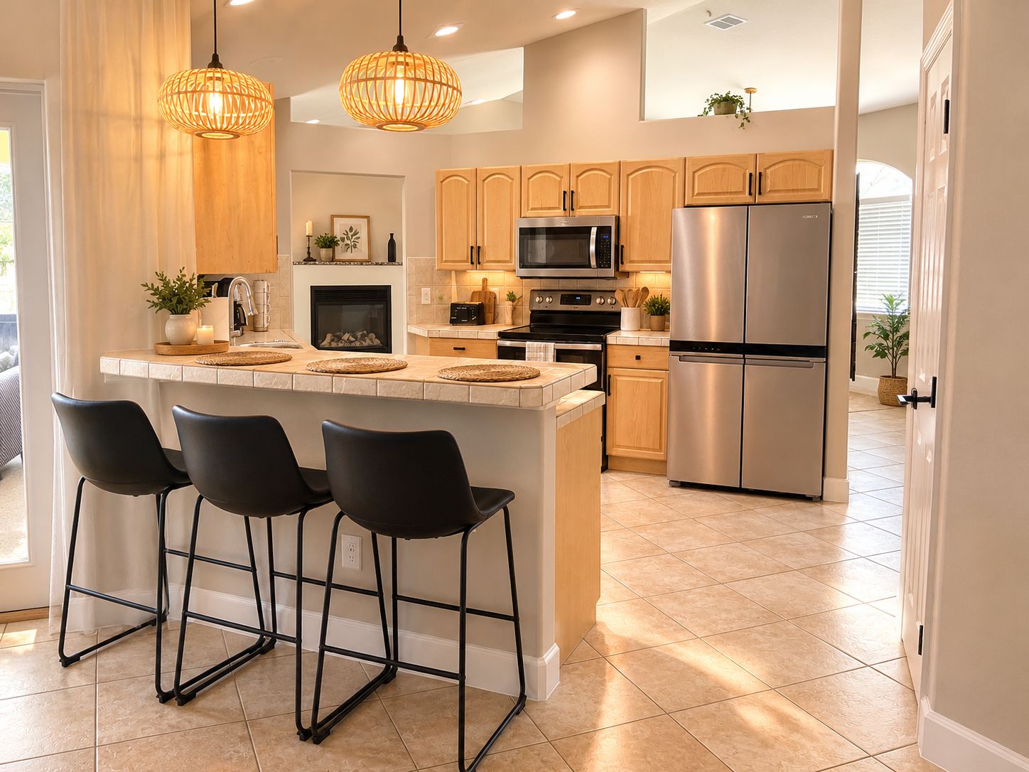 A modern kitchen with a central island, bar stools, stainless steel appliances, and pendant lighting.