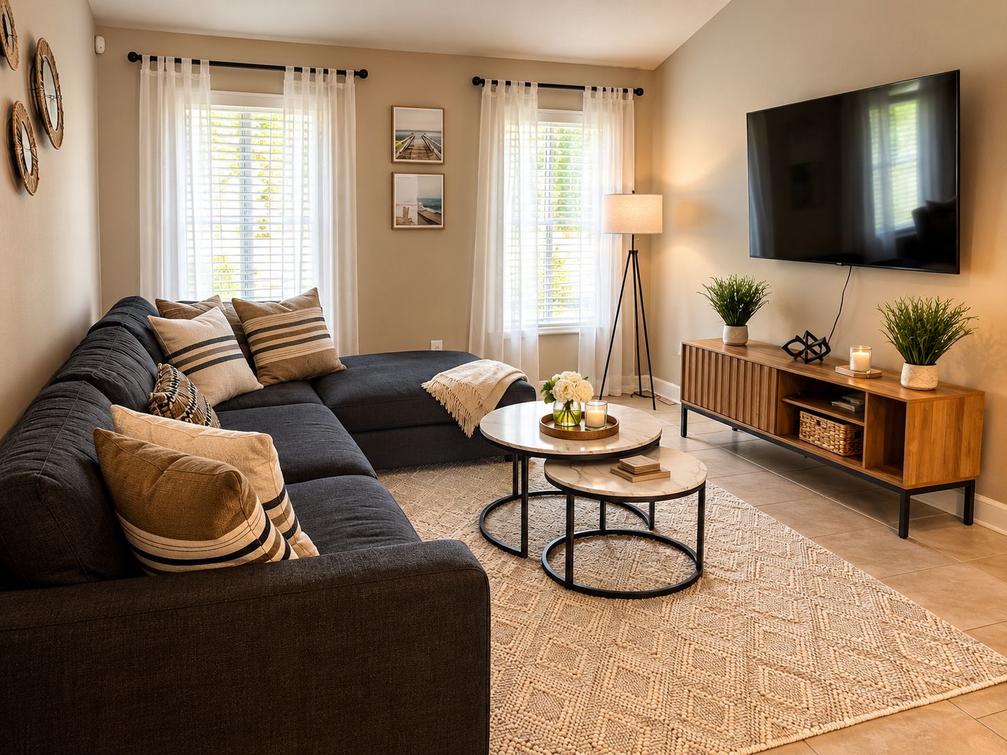 Un salon comprenant un canapé d’angle, une table basse, un lampadaire, un téléviseur et une console sur laquelle sont disposés des objets décoratifs.