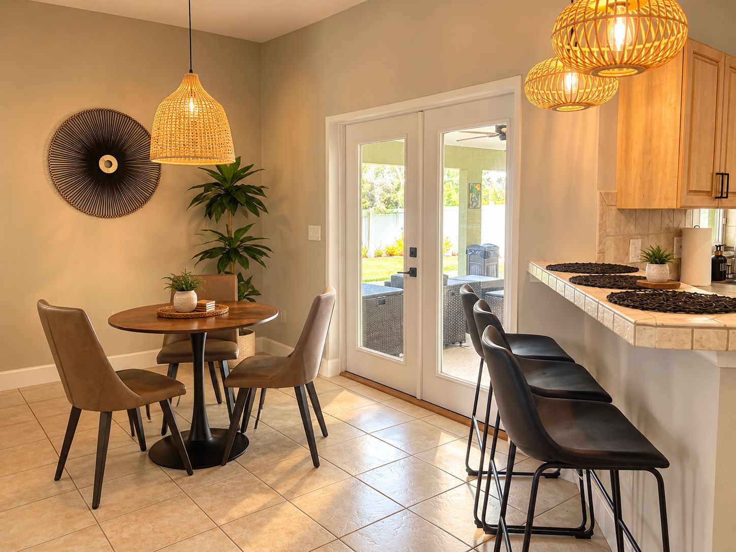 Une cuisine moderne avec un coin repas, comprenant une table ronde, des chaises, des luminaires suspendus et une vue sur l’extérieur.