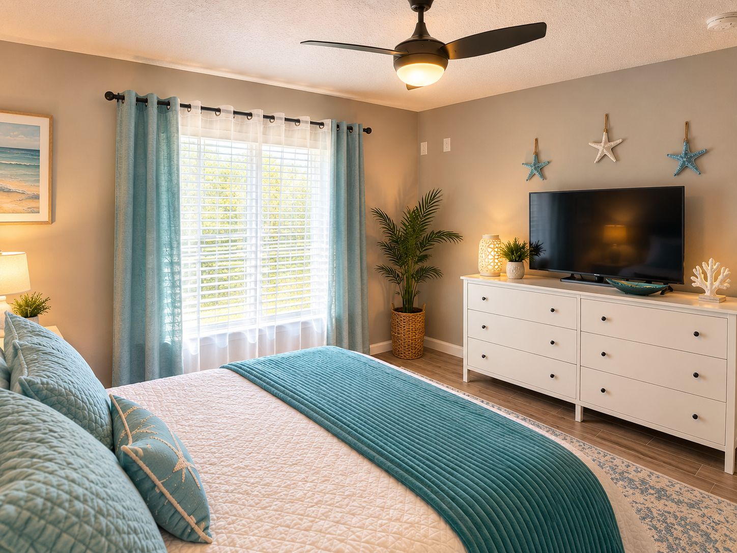 A bedroom with a bed, a television, a ceiling fan, and a window with curtains.