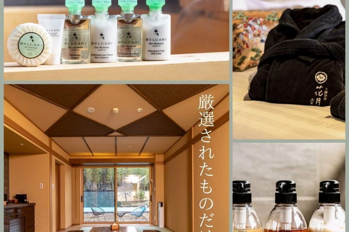 Ein japanisch gestalteter Raum mit Tatami-Böden, einem Holztisch und Blick auf ein Gewässer.