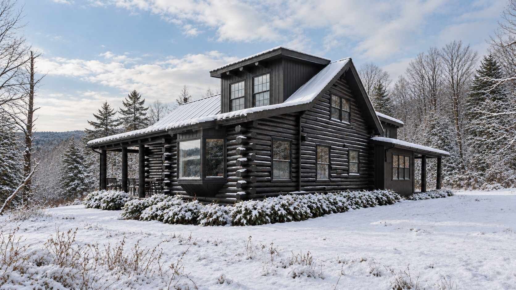 A log cabin with a large porch, surrounded by snow-covered trees.