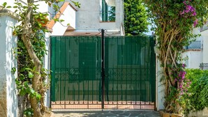 A gated entrance with a stone-paved path leading to a building with a white facade and a green gate. - Friendly Family Apartment at Ischia (Ischia)