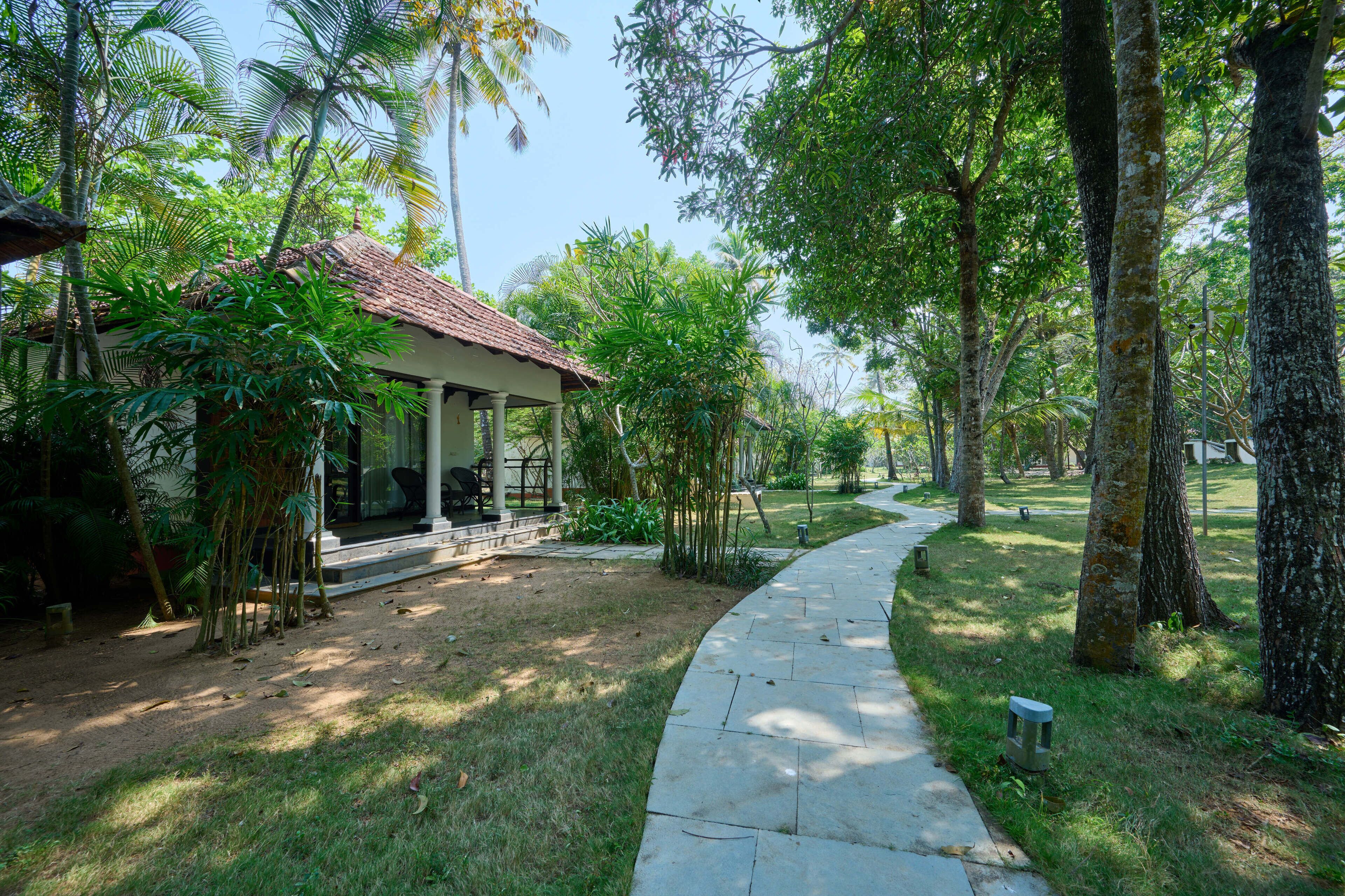 A pathway leading to a building with a tiled roof, surrounded by lush greenery and trees.