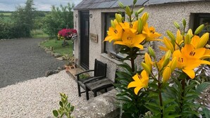 A stone building with a gravel driveway, a bench, and yellow flowers in the foreground. - Ashbrook Cottage (Ballymoney)