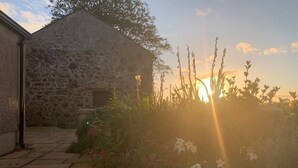 A stone building with a sloped roof, surrounded by a garden with flowering plants and tall grasses. - Ashbrook Cottage (Ballymoney)