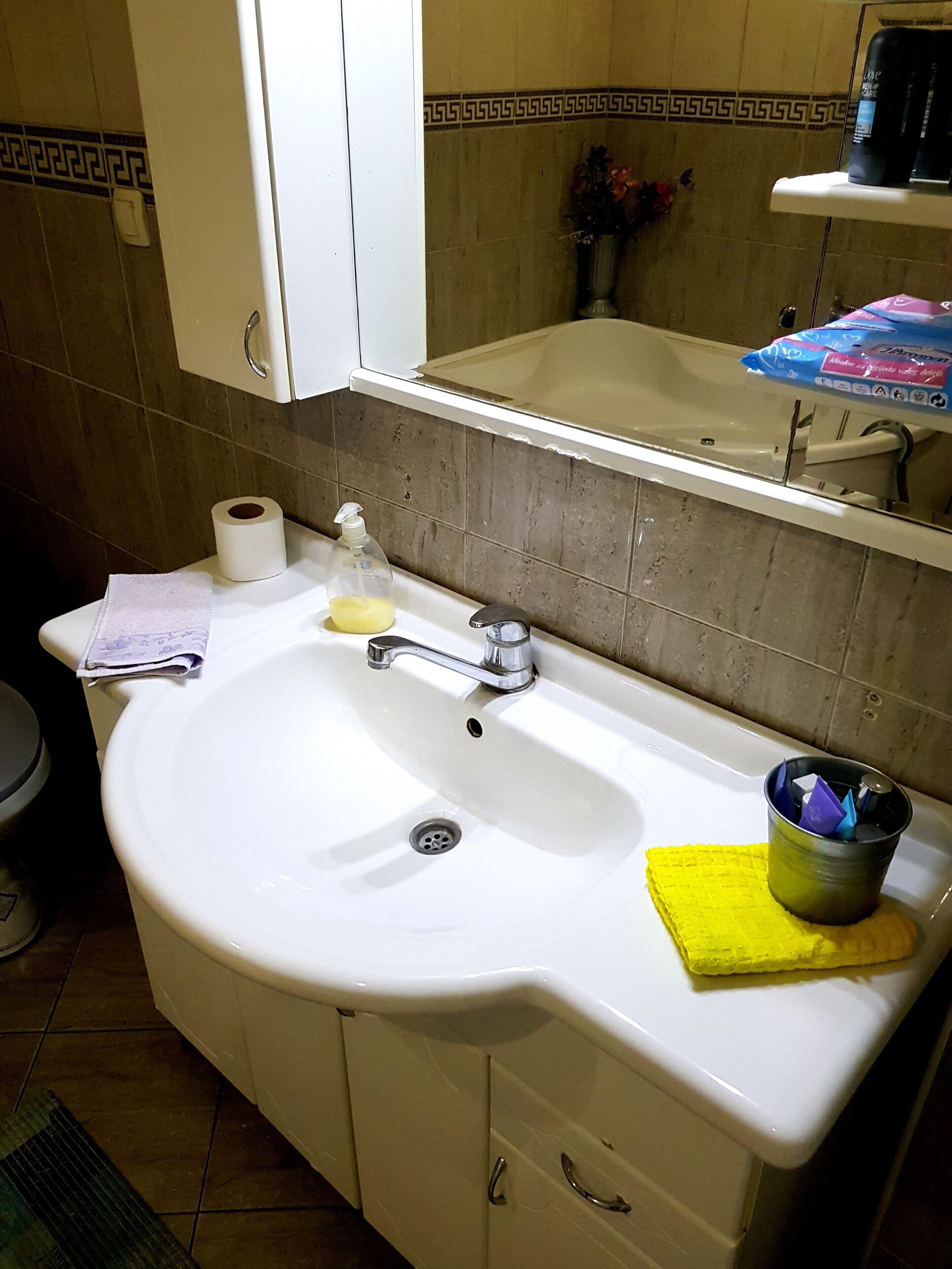 Jetted bath, hair dryer, towels, soap