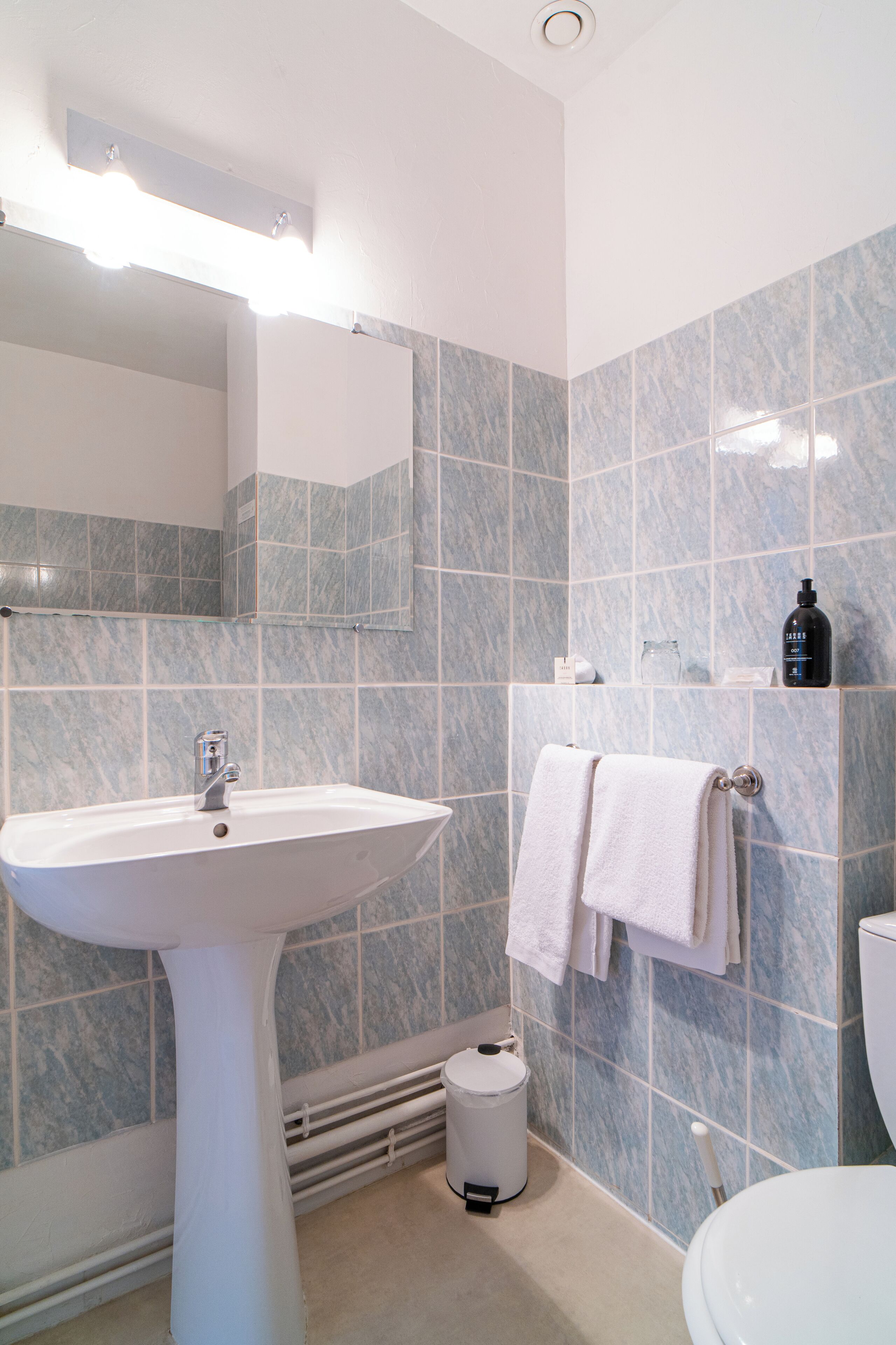 Une salle de bain comprenant un lavabo sur colonne, un miroir, un porte-serviettes, des toilettes et une poubelle.