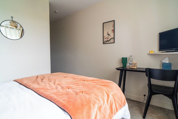 Un cuarto de hotel con una cama, un escritorio, una silla, un televisor y un cuadro en la pared.