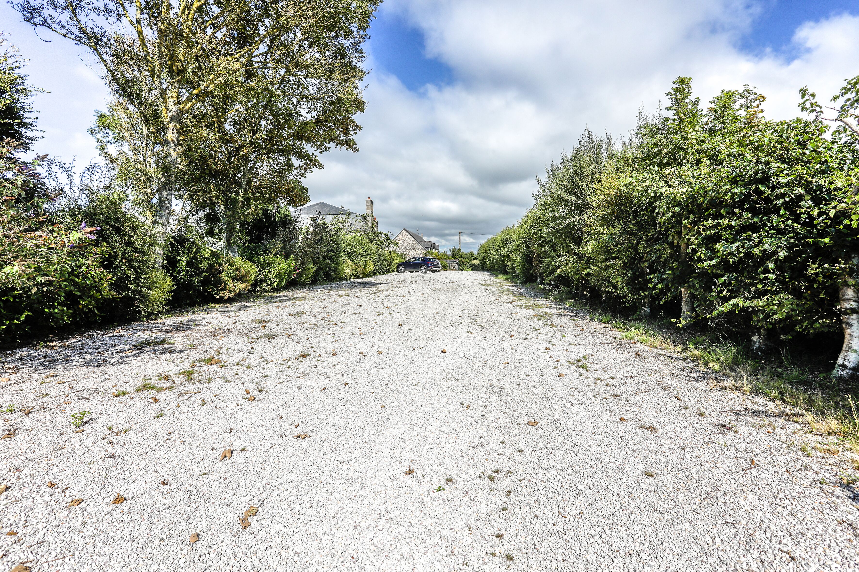 A gravel road flanked by dense foliage and a building in the distance.