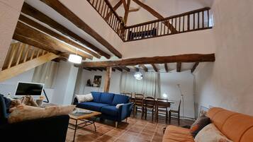 Smart TV, fireplace, DVD player, books