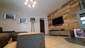 TV connectée, cheminée, livres
