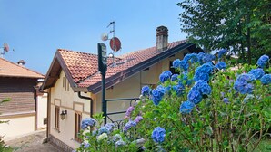A building with a tiled roof, a satellite dish, and a garden with hydrangea flowers.