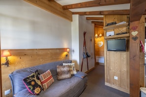 Une pièce chaleureuse avec un plafond en bois, un canapé gris agrémenté de coussins décoratifs, un téléviseur posé sur un meuble en bois, et des paires de skis appuyés contre le mur.