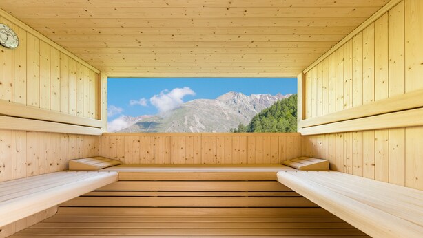 A wooden sauna with benches and a view of mountains. - Studio Apartment "Josephus Domicilium IV" with Mountain View, Shared Terrace & Wi-Fi (Madonna di Senales)