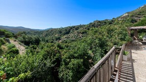 Une vue sur une colline, avec une clôture en bois, un espace aménagé avec des chaises et une végétation luxuriante.