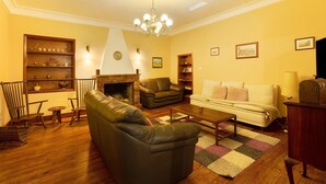 A living room with a fireplace, leather sofas, a coffee table, and wooden shelves. - Chalet "Casa Barreto" with Sea View, 3 Private Terraces & Wi-Fi (Puerto de la Cruz)