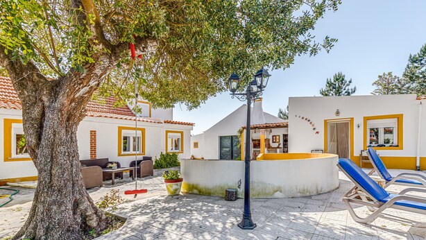 A courtyard with a tree, outdoor seating, and a building with yellow trim. - Holiday Home "O Mundo Da Lua - Galinheiro" with Shared Garden and Wi-Fi (São Simão)
